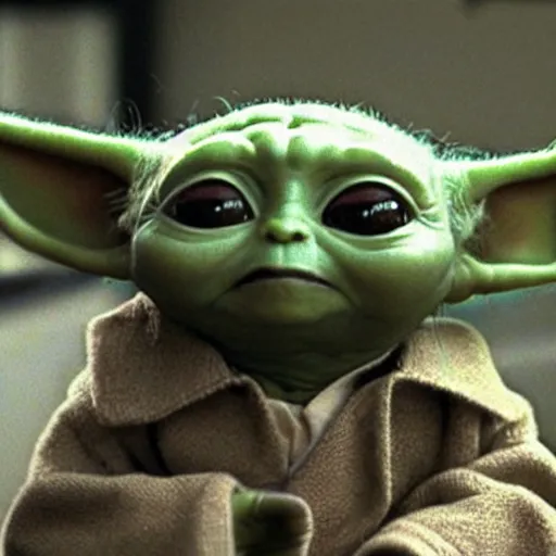 Image similar to a film still of baby yoda's son at his funeral wearing a suit in star wars realistic, detailed