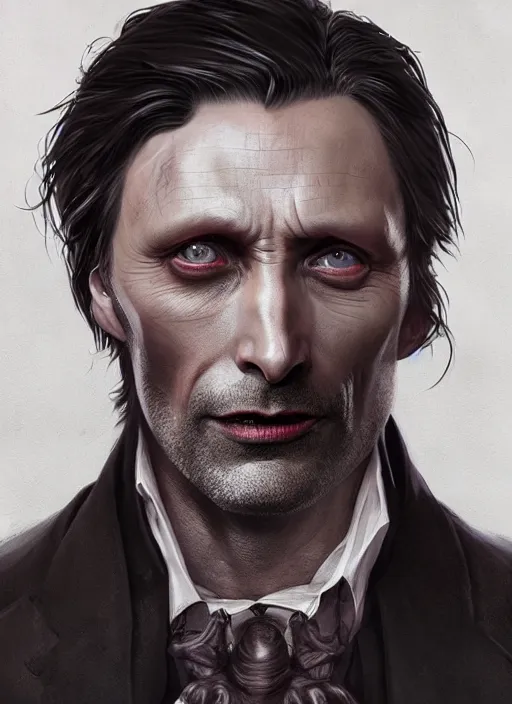 Prompt: Portrait of Mads Mikkelsen as Dracula , the prince of darkness , lord of the vampires ,evil smirk , fangs , marvel comics, dark, intricate, highly detailed, smooth, artstation, digital illustration by Ruan Jia and Mandy Jurgens and Artgerm and Wayne Barlowe and Greg Rutkowski and Frank Frazetta