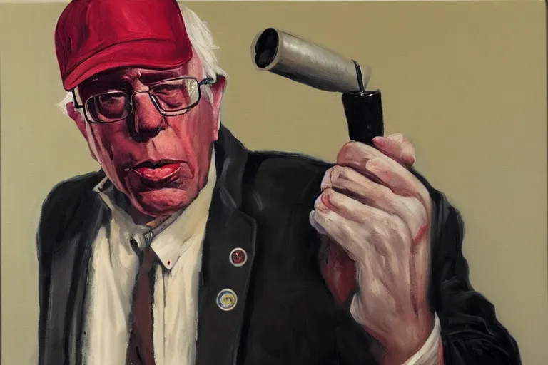 Image similar to Bernie Sanders as gang member, drinking cough syrup, oil on canvas, artstation, portrait, masterpiece, aesthetic