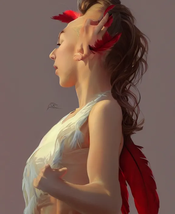 Image similar to teen girl in dress made of red feather, realistic portrait, highly detailed, digital painting, artstation, concept art, smooth, sharp focus, illustration, cinematic lighting, art by artgerm and greg rutkowski and alphonse mucha and boris vallejo and frank frazetta