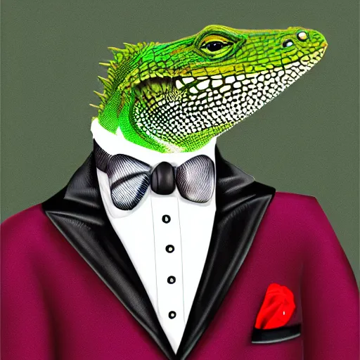 Image similar to a lizard in a tuxedo, digital art