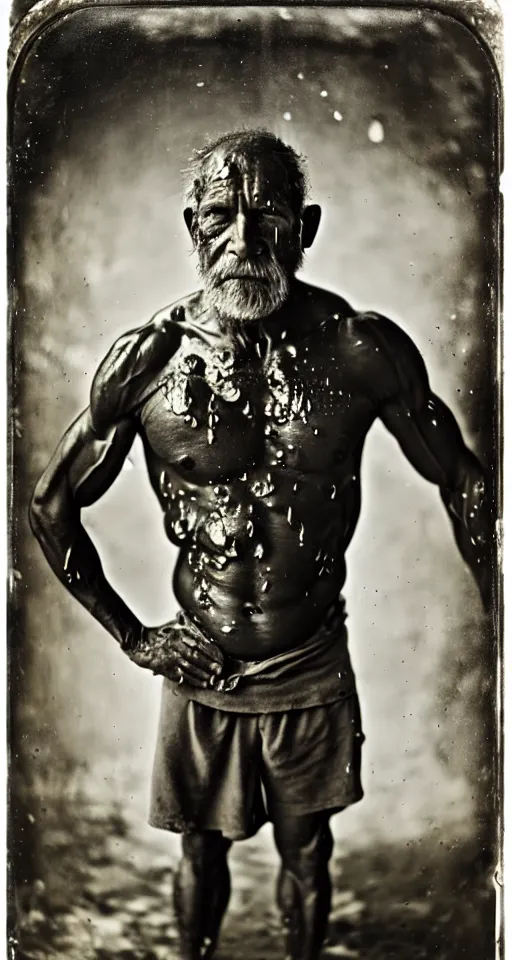 Prompt: a wet plate photograph, a portrait of a muscular blacksmith