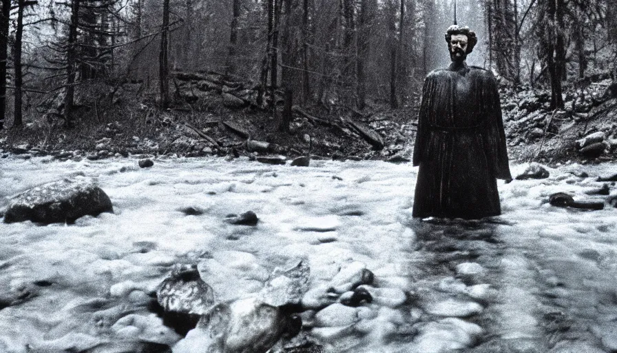 Prompt: 1 9 6 0 s movie still close up of marcus aurelius frozen to death in a river with gravel, pine forests, cinestill 8 0 0 t 3 5 mm b & w, high quality, heavy grain, high detail, texture, dramatic light, anamorphic, hyperrealistic, foggy