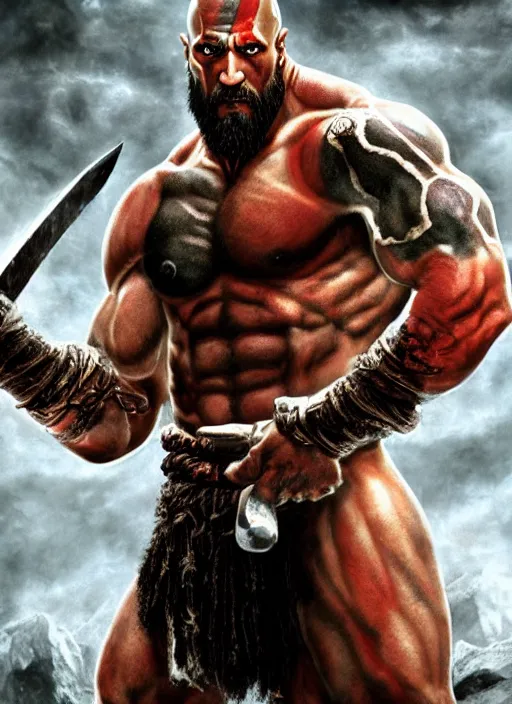 Image similar to a highly detailed beautiful 3 5 mm closeup photo of dwayne johnson kratos hybrid god of war holding a sword and fighting zombies on a pile of human skulls, spartan warrior, olympian god, muscular!, frank frazetta, boris vallejo, action pose, ambient lighting, volumetric lighting, octane, fantasy