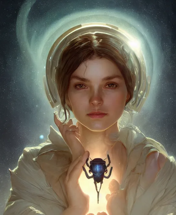 Image similar to simplicity, portrait of a adorable alien insect, childlike, milky way environment, ultra realistic, concept art, intricate details, cheerful, highly detailed, photorealistic, octane render, 8 k, unreal engine. art by artgerm and greg rutkowski and alphonse mucha