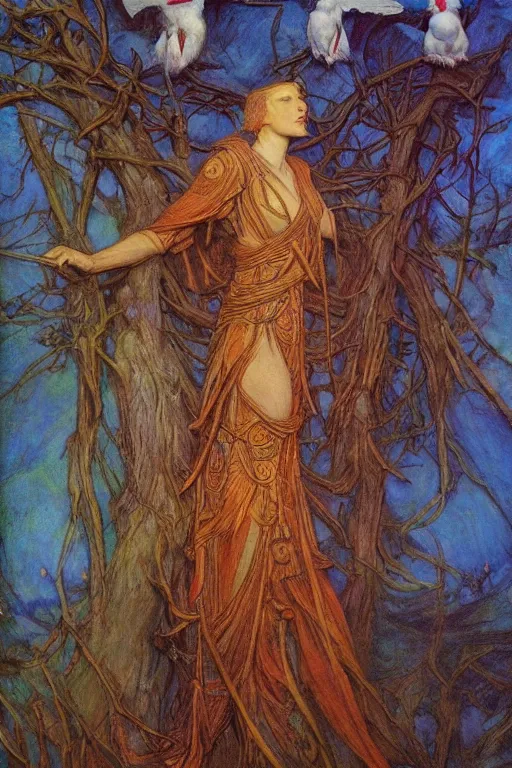 Image similar to the queen of the forest with her birds, by Annie Swynnerton and jean delville and Nicholas Roerich and Tino Rodriguez, elaborately costumed, rich color, dramatic cinematic lighting, smooth, sharp focus, extremely detailed, featured on artstation