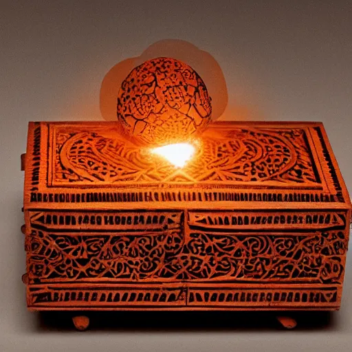 Prompt: a small arabesque carved wooden box with the lid is open displaying a magic orange glowing orb inside. tendrils of light emitting from the orb, the box is sitting an scarred wooden tabel top cluttered paper and magazines, hyper detail, dramatic lighting, vignette, god rays, lens flare, art by samma van klaarbergen