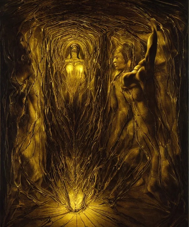 Image similar to The transparent room without doors and windows with beautiful full-body wax sculpture of the glowing transparent woman with visible golden bones inside it in the singularity where stars becoming baroque folds of dark matter by Michelangelo da Caravaggio, Nicola Samori, William Blake, Alex Grey and Beksinski, dramatic volumetric lighting, highly detailed oil painting, 8k, masterpiece