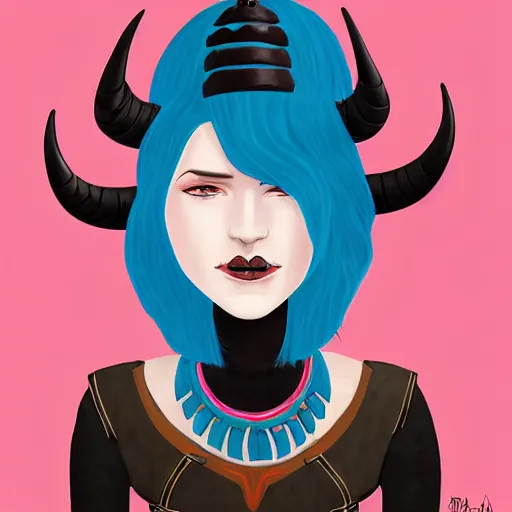 Image similar to illustrated portrait of ram-horned devil woman with blue bob hairstyle and #FFA500 colored skin and with solid black eyes wearing leather by rossdraws