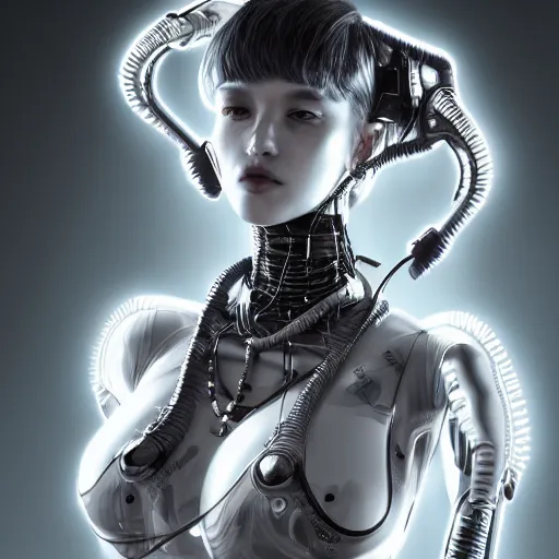 Image similar to the portrait of an absurdly beautiful, graceful, sophisticated, fashionable cyberpunk gynoid gravure idol, an ultrafine hyperdetailed illustration by kim jung gi, irakli nadar, intricate linework, neon wiring, porcelain skin, unreal engine 5 highly rendered, global illumination, radiant light, detailed and intricate environment