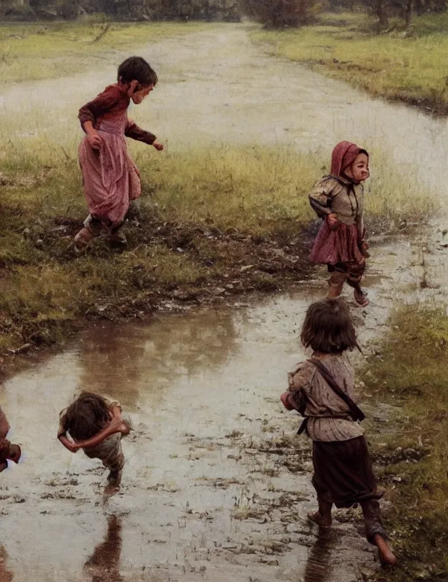 Prompt: two peasant children run through a puddle happily, on a village, Cinematic focus, Polaroid photo, vintage, neutral colors, soft lights, foggy, by Steve Hanks, by Serov Valentin, by lisa yuskavage, by Andrei Tarkovsky 8k render, detailed, oil on canvas