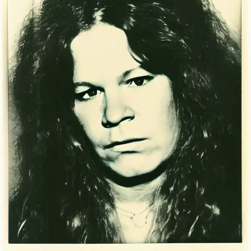 Image similar to Mugshot Portrait of Janis Joplin, taken in the 1970s, photo taken on a 1970s polaroid camera, grainy, real life, hyperrealistic, ultra realistic, realistic, highly detailed, epic, HD quality, 8k resolution, body and headshot, film still, front facing, front view, headshot and bodyshot, detailed face, very detailed face