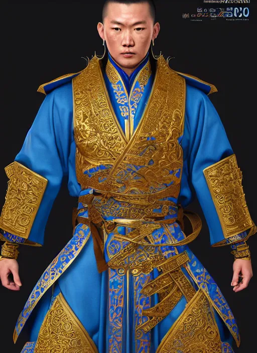 Image similar to male mongolian martial artist!!!! blue eyes!! intricate ornate blue robes!! character concept art, sharp focus, octane render! unreal engine 5! highly rendered!! trending on artstation!! detailed linework!! illustration by artgerm, wlop, and chie yoshii