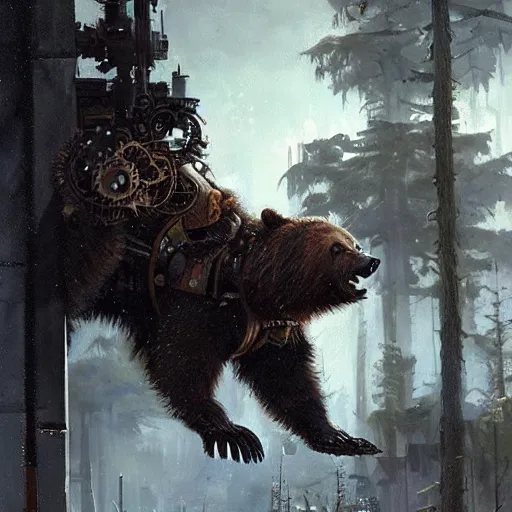 Prompt: a steampunk cyborg grizzly bear ravaging my neighborhood, painting by Greg Rutkowski