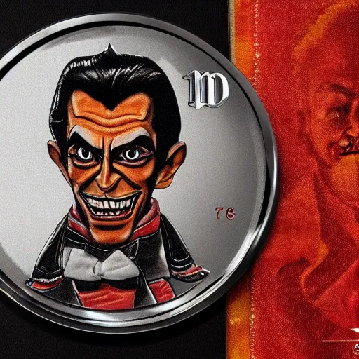 Image similar to a new coin design featuring a portrait of Count Chocula. shiny silvery mirror surface