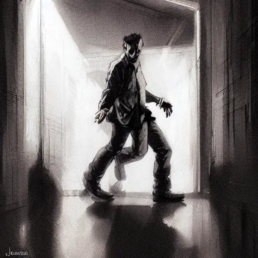 Image similar to a beautiful artwork of a man in jeans and white shirt entering a nightclub, by Jerome Opeña, smoky noir atmosphere theme featured on artstation