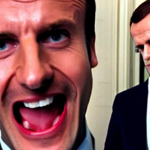 Image similar to Emmanuel Macron shouting in American Psycho (1999)