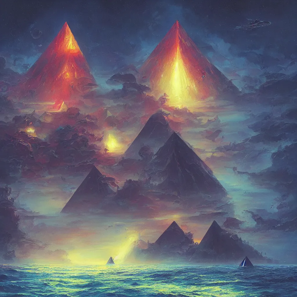 Prompt: A beautiful painting of a ((dark Pyramid)) at Sea In style of Paul Lehr and Daniel Oxford.highly realistic,hyper detailed,4k,digital art,sci-fi