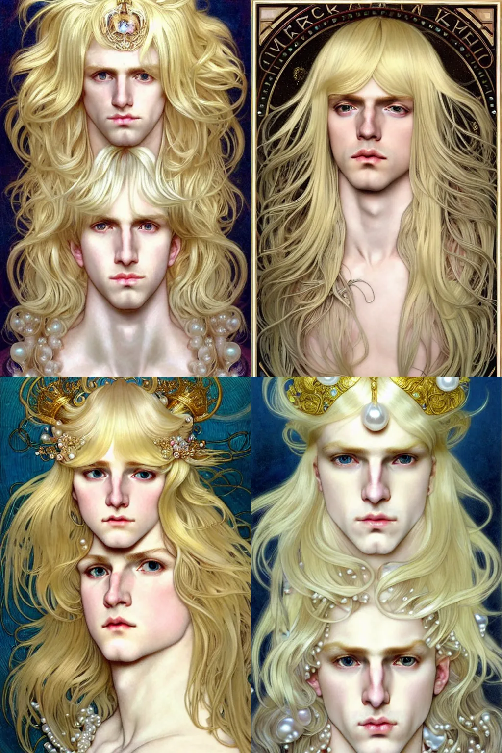 Prompt: realistic detailed face portrait of merman blond androgynous prince Lucius with forehead bangs fringe and pearl, long luxurious blond hair, very very very very silky light golden blond hair, extremely pale blond hair, pearls so many pearls on skin, by Alphonse Mucha, Ayami Kojima, Amano, Charlie Bowater, Karol Bak, Greg Hildebrandt, Jean Delville, and Mark Brooks, Art Nouveau, Neo-Gothic, gothic, rich scintillating bright white gold colors