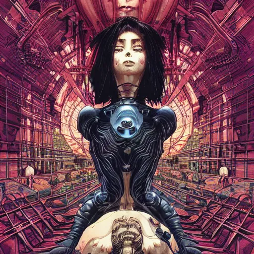 Image similar to portrait of crazy alita, symmetrical, by yoichi hatakenaka, masamune shirow, josan gonzales and dan mumford, ayami kojima, takato yamamoto, barclay shaw, karol bak, yukito kishiro