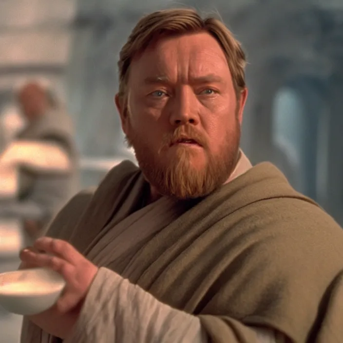 Image similar to obi wan kenobi but obese!! and overweight, photoralistic rendering, movie still, screenshot, hyperdetailed