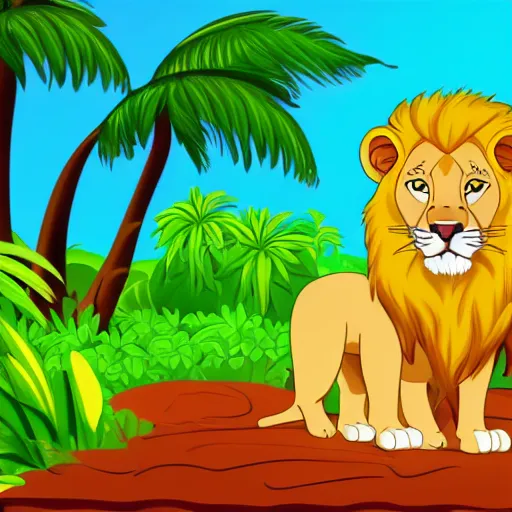 Prompt: Lion in the jungle cartoon cute style