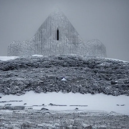 Image similar to a monolithic cathedral on a snowcapped mountain in the artic. grainy, snowing, overcast sky.