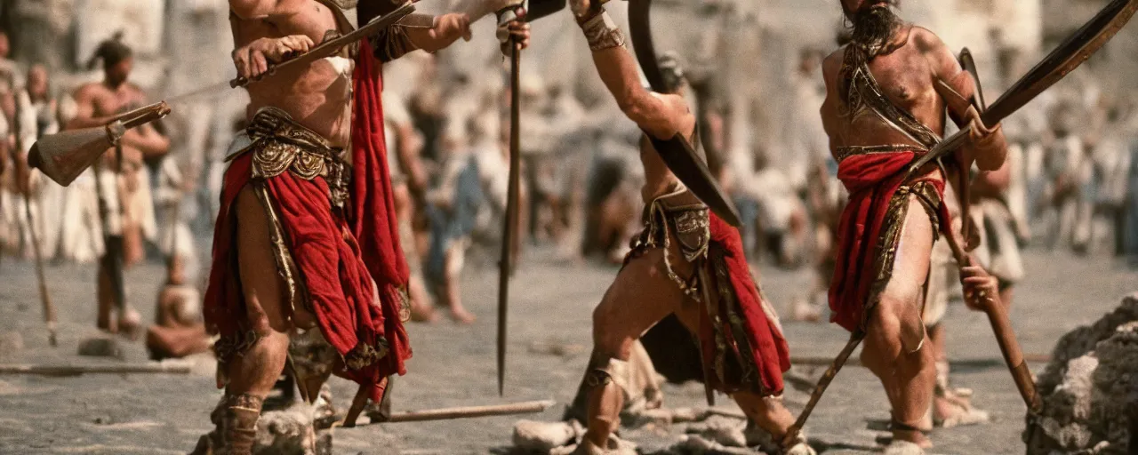 Image similar to a greek warrior with a spear, cloudy, small details, intricate, canon 5 0 mm, high detail, intricate, cinematic lighting, photography, wes anderson, film, kodachrome