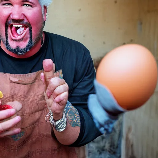 Prompt: closeup portrait of guy fieri excited about an egg, photograph, natural light, sharp, detailed face, magazine, press, photo, Steve McCurry, David Lazar, Canon, Nikon, focus