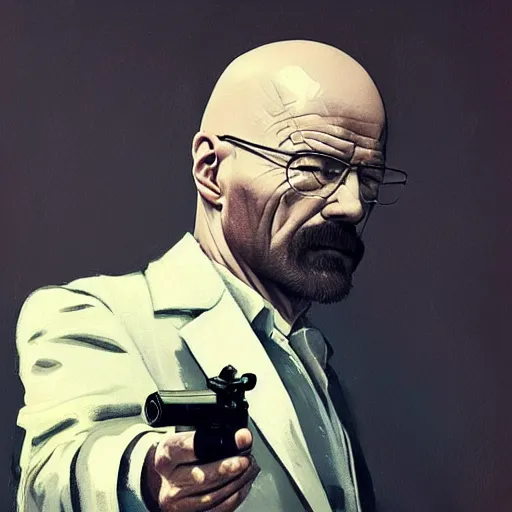 Prompt: walter white as a mafia chief with a gun in a street trending on artstation, painted by greg rutkowski