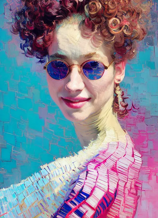Image similar to portrait of a beautiful sensual woman, curly hair, smiling, ecstatic, dancing, shades of pink and blue, beautiful face, rule of thirds, intricate outfit, spotlight, by greg rutkowski, by jeremy mann, by francoise nielly, by van gogh, digital painting