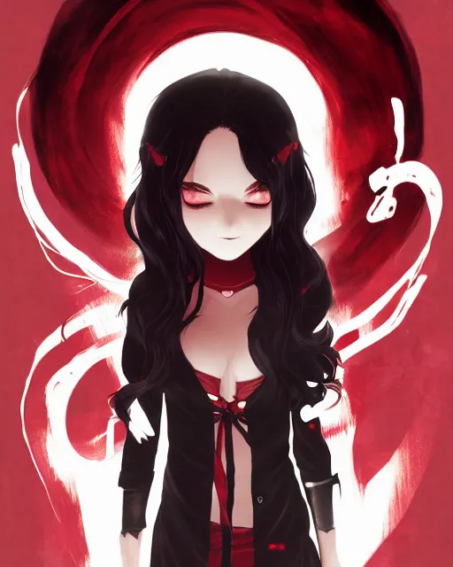 Prompt: vampire girl with wavy black hair wearing red, ominous dark background, ink, ilya kuvshinov, guweiz, svetlana tigai, greg rutkowski, studio trigger, ross tran, loish, anime