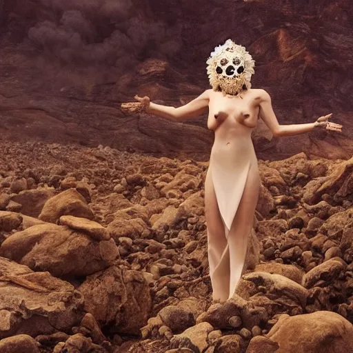 Prompt: The full body shot of beautiful pale woman with white flowers and full-face golden occult mask and glowing eyes in a rocky desert landscape, multiple eyes, thick smoke and fire around her, volumetric lighting, occult atmosphere, by Denis Villeneuve, Lubezki, Gaspar Noe and Alejandro Jodorowsky, anamorphic lens, anamorphic lens flares, kodakchrome, cinematic composition, practical effects, award winning photo, 8k, detailed 85mm f/1.4