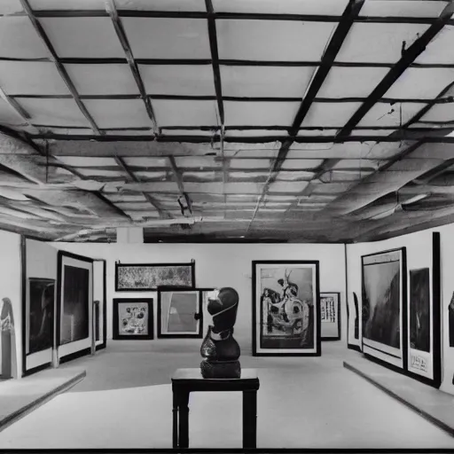 Prompt: A black and white screen print of gallery exhibition view from the 60s with colonial artifacts on display, anthropology, colonial, wild, exotic, artifacts, pedestal, ethnography, screen printing