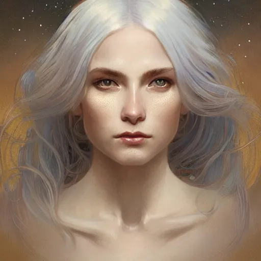 Image similar to god, non-binary, white hair, long hair, intricate, elegant, ethereal, highly detailed, digital painting, artstation, concept art, smooth, sharp focus, illustration, art by artgerm and greg rutkowski and alphonse mucha