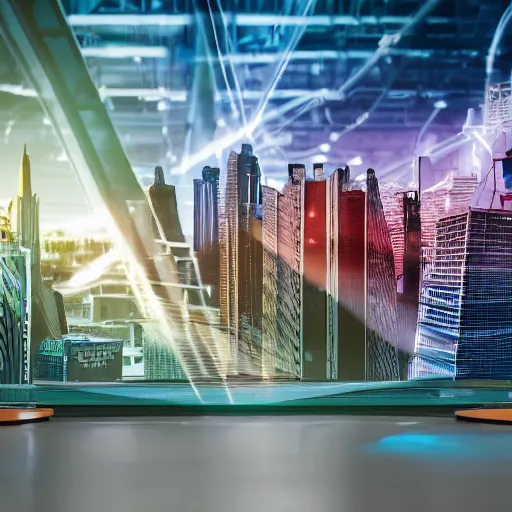 Image similar to large group people in open warehouse, looking at hologram of futuristic city on a table, cinematic still, godrays, golden hour, natural sunlight, 4 k, clear details, tabletop model buildings, tabletop model, ethereal hologram center, crane shot, crane shot, crane shot