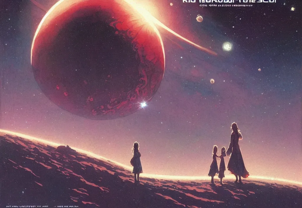 Image similar to illustrated by moebius and greg rutkowski, romantic!!! space scene!! with standing young girl!!!!, orbit of earth!, futuristic orbital station!!!!, nebulae!!, starry sky!!, rule of third!!!!, vintage cover of sci - fi magazine, cinematic!!