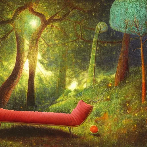 Image similar to psychedelic couch sofa in the lush pine forest, milky way, designed by arnold bocklin, jules bastien - lepage, tarsila do amaral, wayne barlowe and gustave baumann, cheval michael, trending on artstation, star, sharp focus, colorful refracted sparkles and lines, soft light, 8 k 4 k