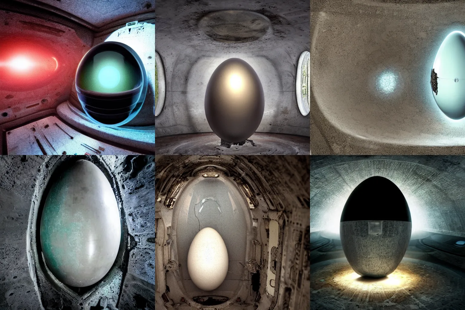 Prompt: an alien egg aboard an abandoned spaceship.