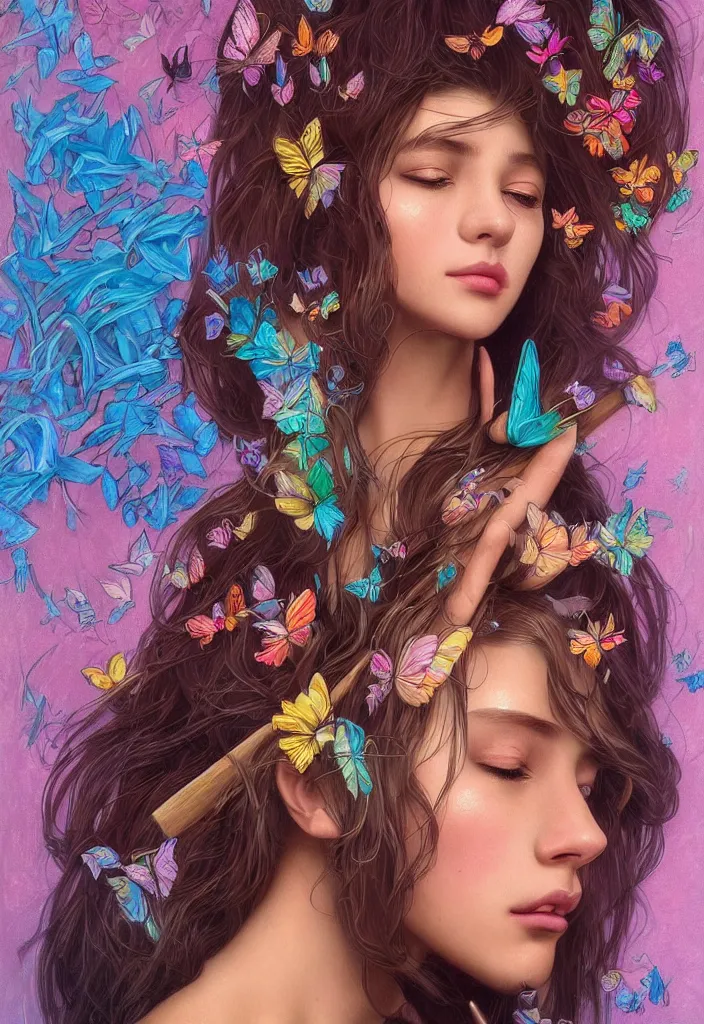 Prompt: beautiful, young woman, detailed gorgeous face, sad eyes, crying, vaporwave aesthetic, synthwave, colorful, psychedelic, holding a staff, butterflies, birds, digital painting, artstation, concept art, smooth, extremely sharp detail, finely tuned detail, ultra high definition, ultra sharp focus, illustration, art by artgerm and greg rutkowski and alphonse mucha