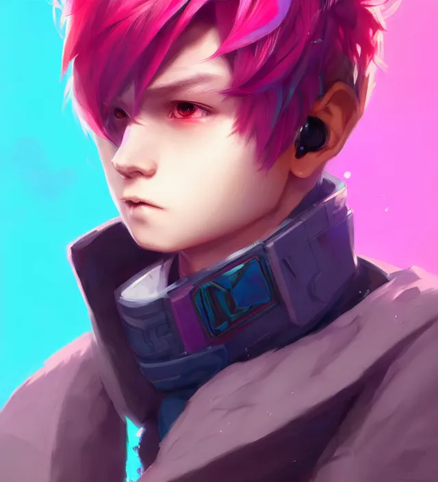 Image similar to character concept art of a cute young cyberpunk boy with colorful hair and collar | | cute - fine - face, pretty face, key visual, realistic shaded perfect face, fine details by stanley artgerm lau, wlop, rossdraws, james jean, andrei riabovitchev, marc simonetti, and sakimichan, trending on artstation