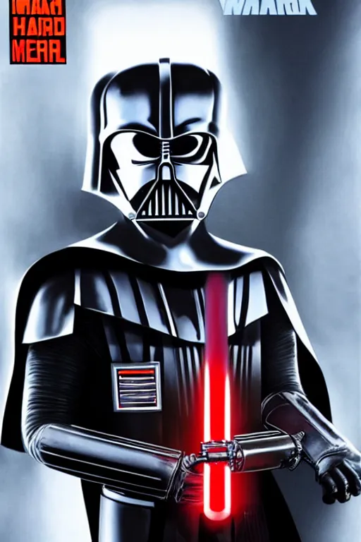 Image similar to Elon Musk portrayed as Darth Vader, holding his helmet under his arm, wearing his power armor and red lightsaber, luigi lucarelli's style