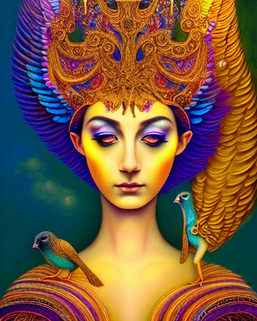 Image similar to portrait of the beautiful young goddess of birds, unusual beauty, etheric, outworldly colours, emotionally evoking symbolic metaphors, head in focus, fantasy, ornamental, intricate, elegant, highly detailed painting style photo, artstation, concept art, painterly, golden ratio, sharp focus, illustration, art by afarin sajedi,