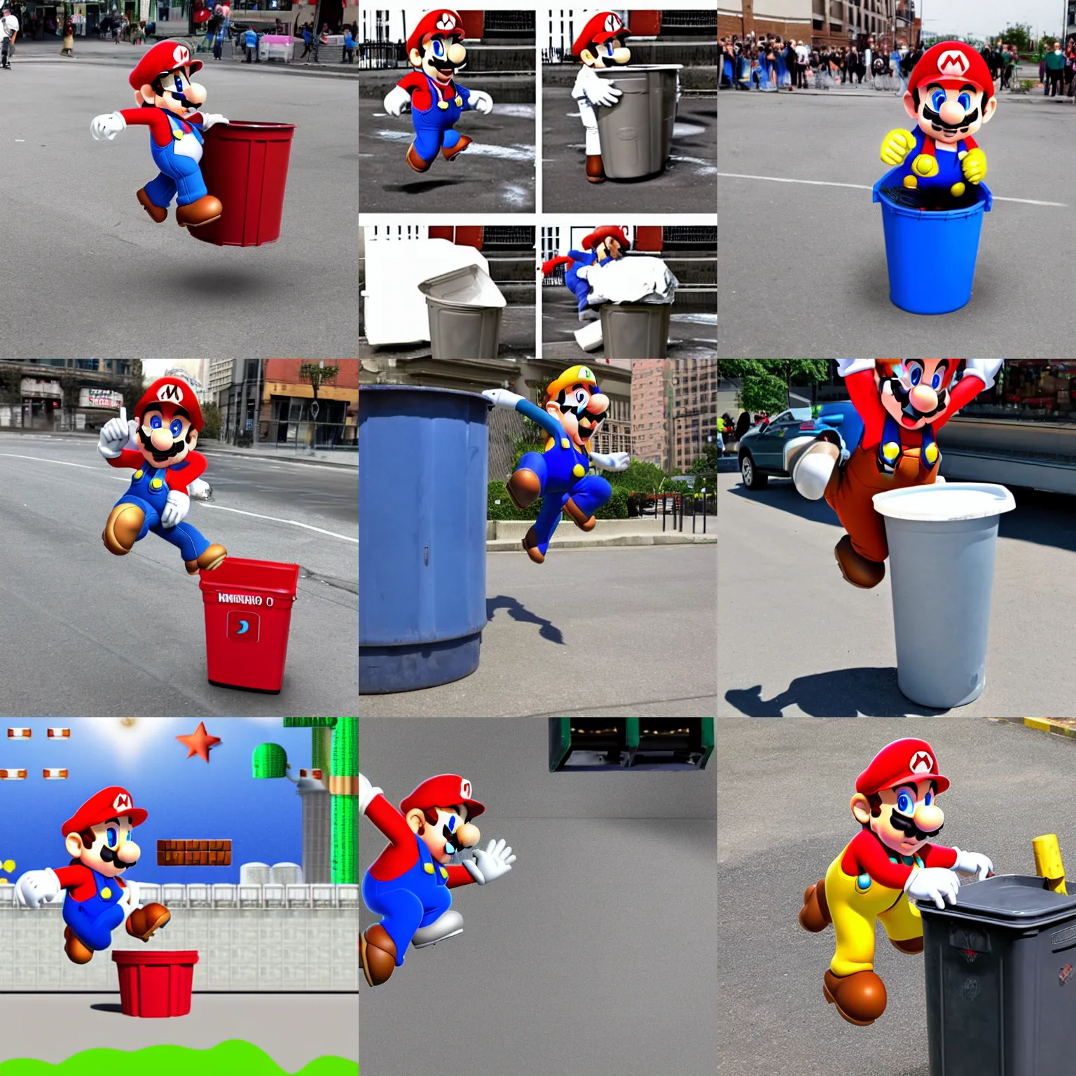 Prompt: super mario jumping into a garbage can.