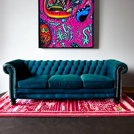 Image similar to couch sofa chesterfield flying through space psychedelic trippy eldritch horror cartoon