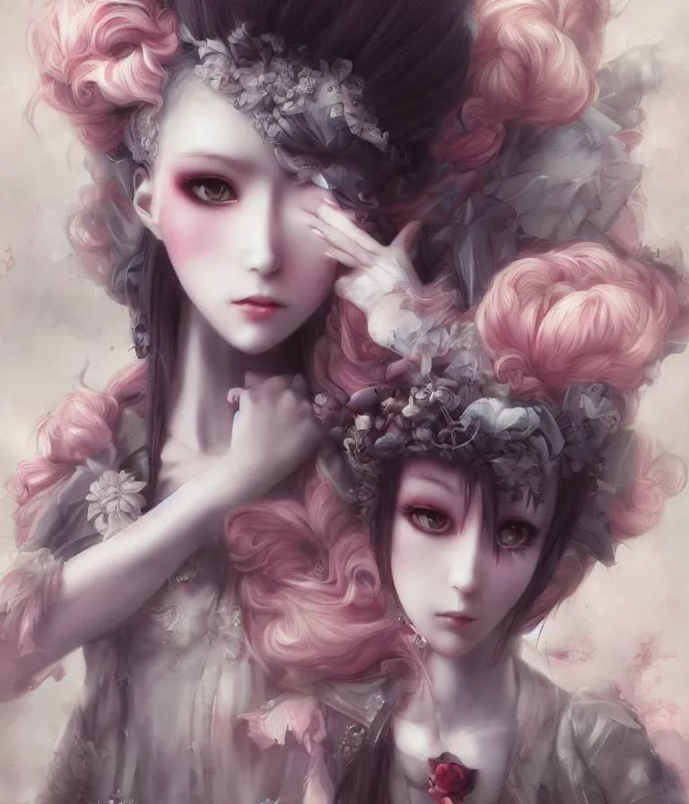 Prompt: anime 3 d art, wlop art, realistic marie antoinette girl painting, japanese street fashion, hyper realism, muted colours, rococo, natalie shau, anime, tom bagshaw style