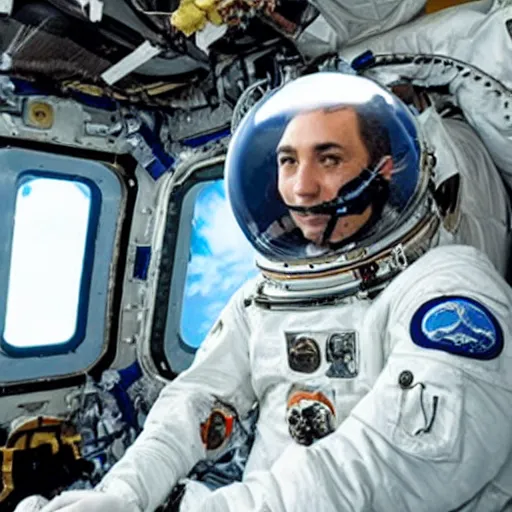 Prompt: a man wearing an oxygen mask and flight suit in the cockpit of a spacecraft