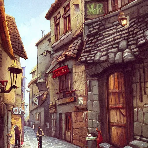 Image similar to a busy fantasy street looking down one street within a fascinating old city, quirky shops, narrow streets, old buildings, cobblestones on the ground, stone steps, street life, by Sylvain Sarrailh, single street, cinematic, simple but effective composition, clean lines, beautiful digital painting, oil painting, detailed, dungeons and dragons, lord of the rings