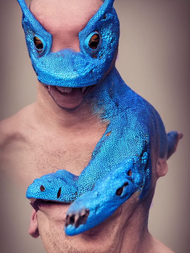 Image similar to man with blue lezard skin, photography portrait, cinematic, high quality, cgsociety, artgerm, 4 k, uhd, 5 0 mm, trending on artstation