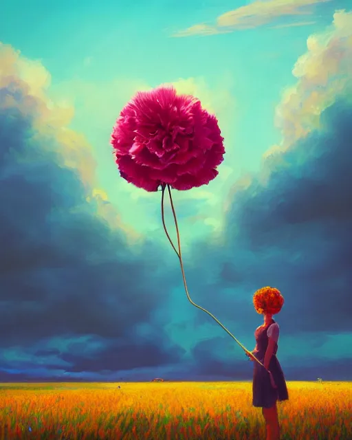 Prompt: girl with a giant carnation as face, surreal photography, flower field, sunset dramatic light, impressionist painting, colorful clouds, blue sky, digital painting, artstation, simon stalenhag
